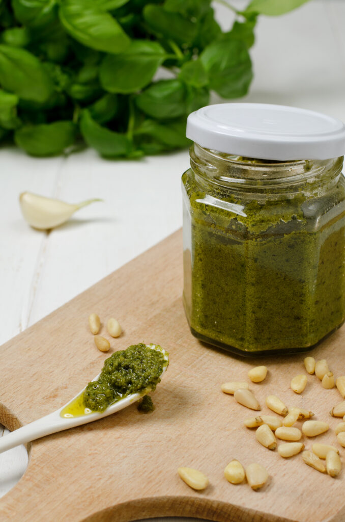 Homemade Basil pesto sauce in a jar